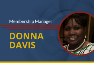 A card that reads "Membership Manage - Donna Davis" accompanied by a headshot. The text and graphic are set on an abstract background.