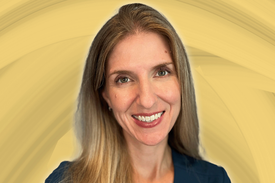 A headshot of Jennifer Cronenberg set against a gold background with grey swoops going through it.