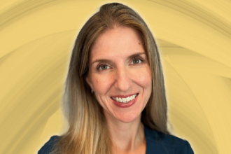 A headshot of Jennifer Cronenberg set against a gold background with grey swoops going through it.